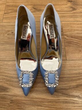 Badgley Mischka Powder Blue Satin Pointed Toe Pumps with Crystal Buckle
